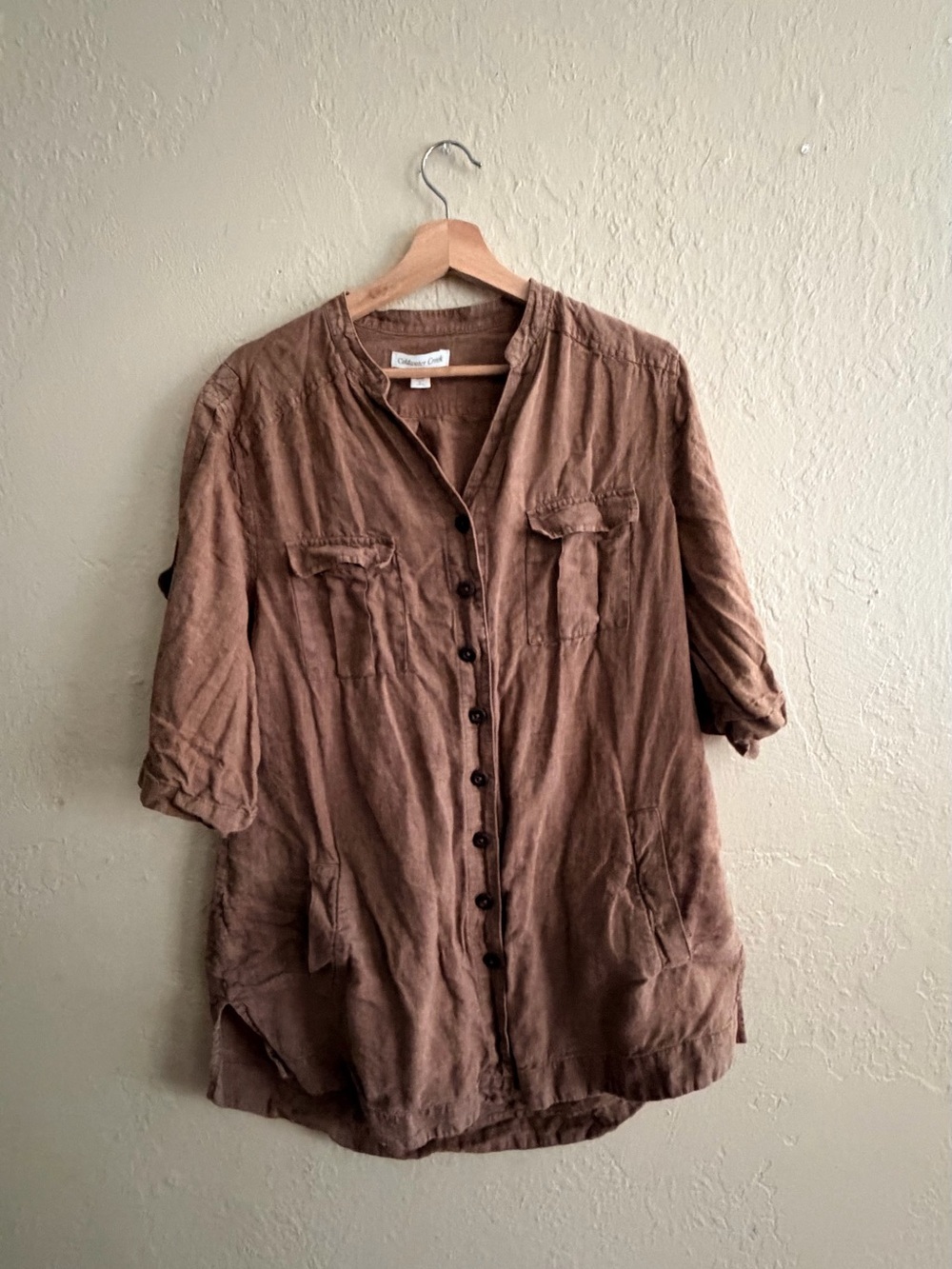 Coldwater Creek Brown Linen 3/4 Sleeve Button Tunic